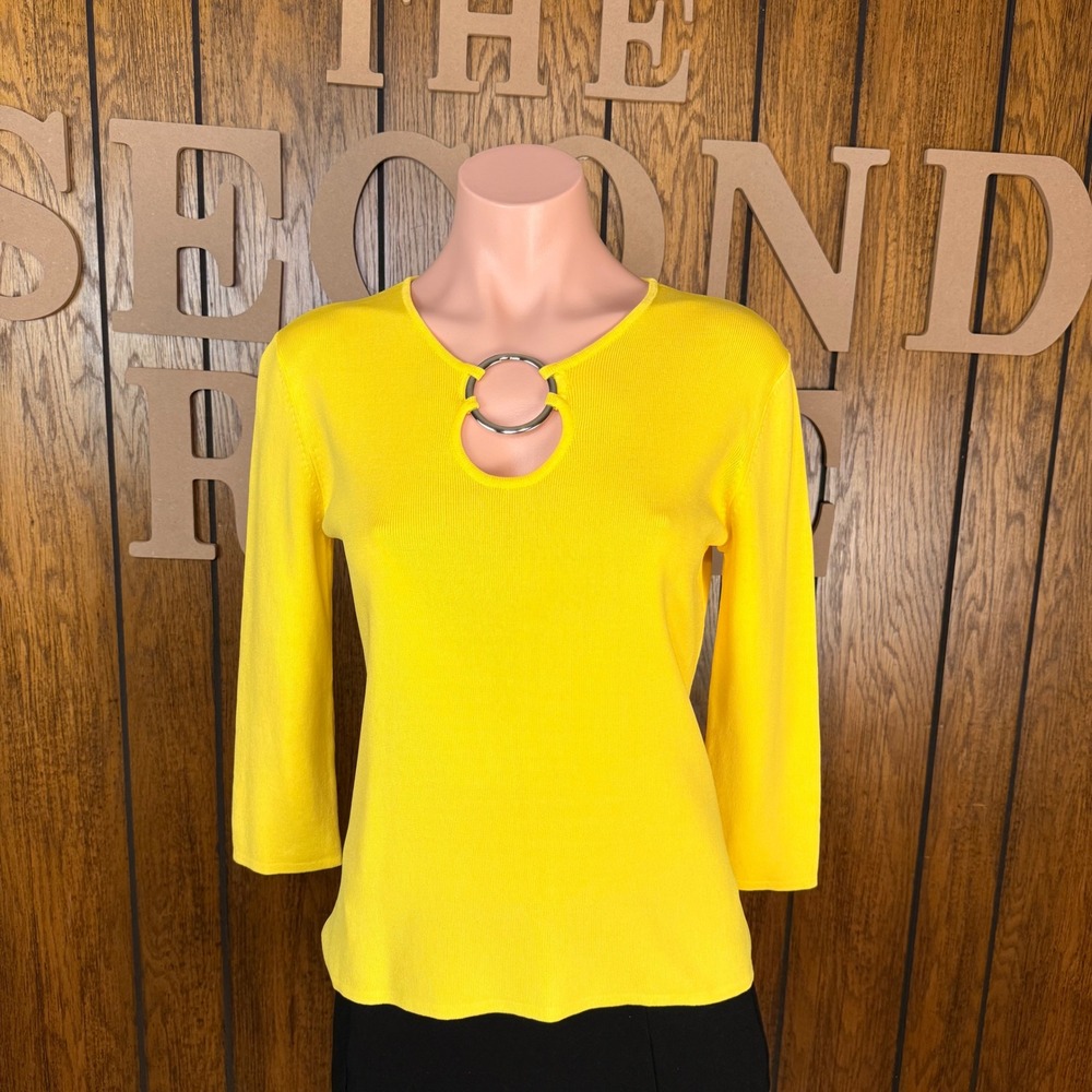 KIKIT Yellow Y2K Retro Knit Top Women S Keyhole O-Ring 3/4 Sleeve Ribbed Sweater